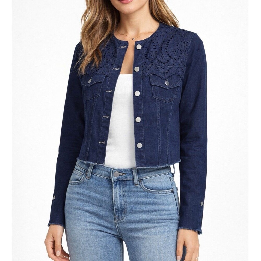 NWT Women’s Medium Guess Dark Denim Eyelet Lace Cutout Jean Jacket